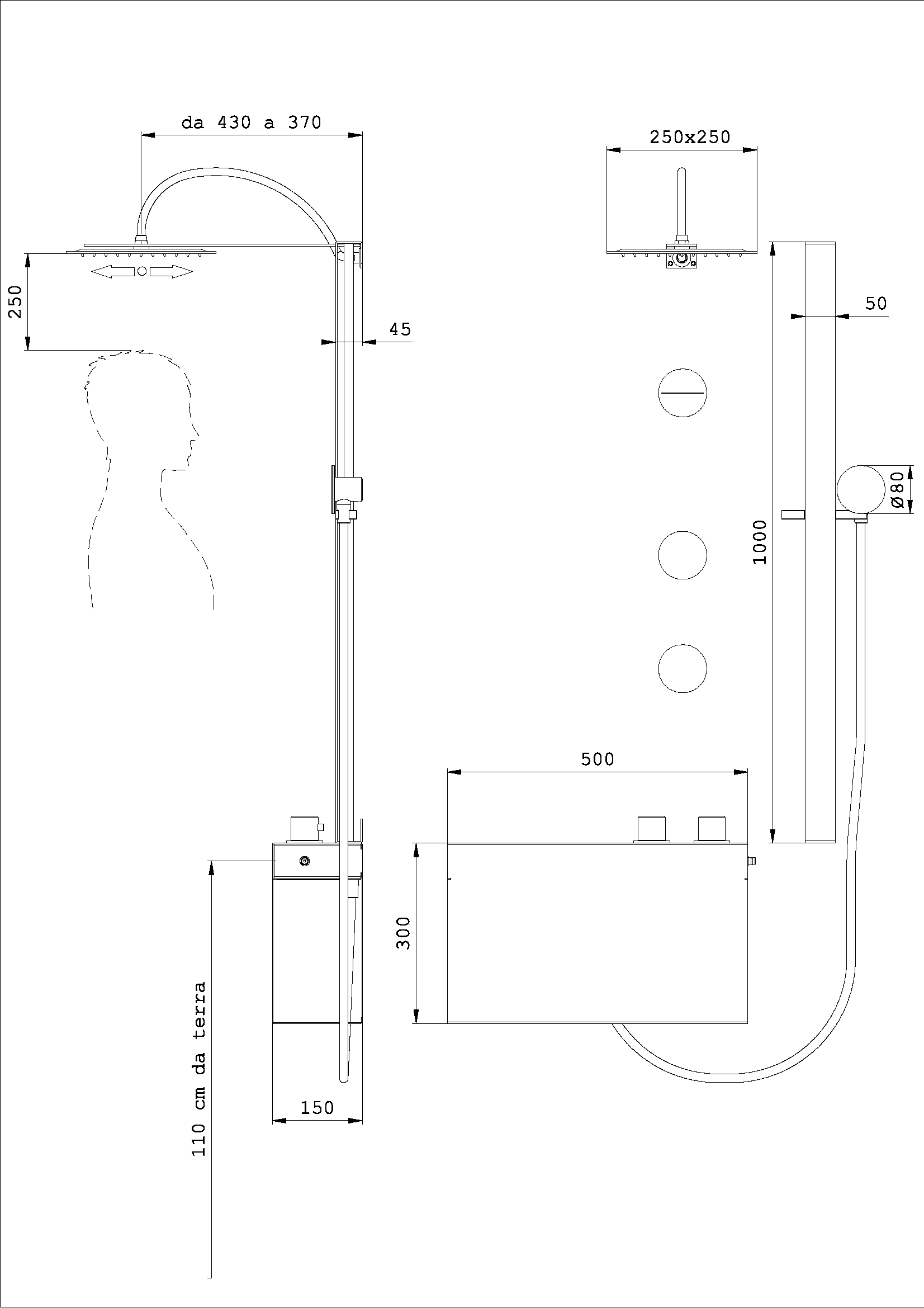 Saliscendi Alyssia + Kit Doccia Quadro Con Dorsali Base Alta