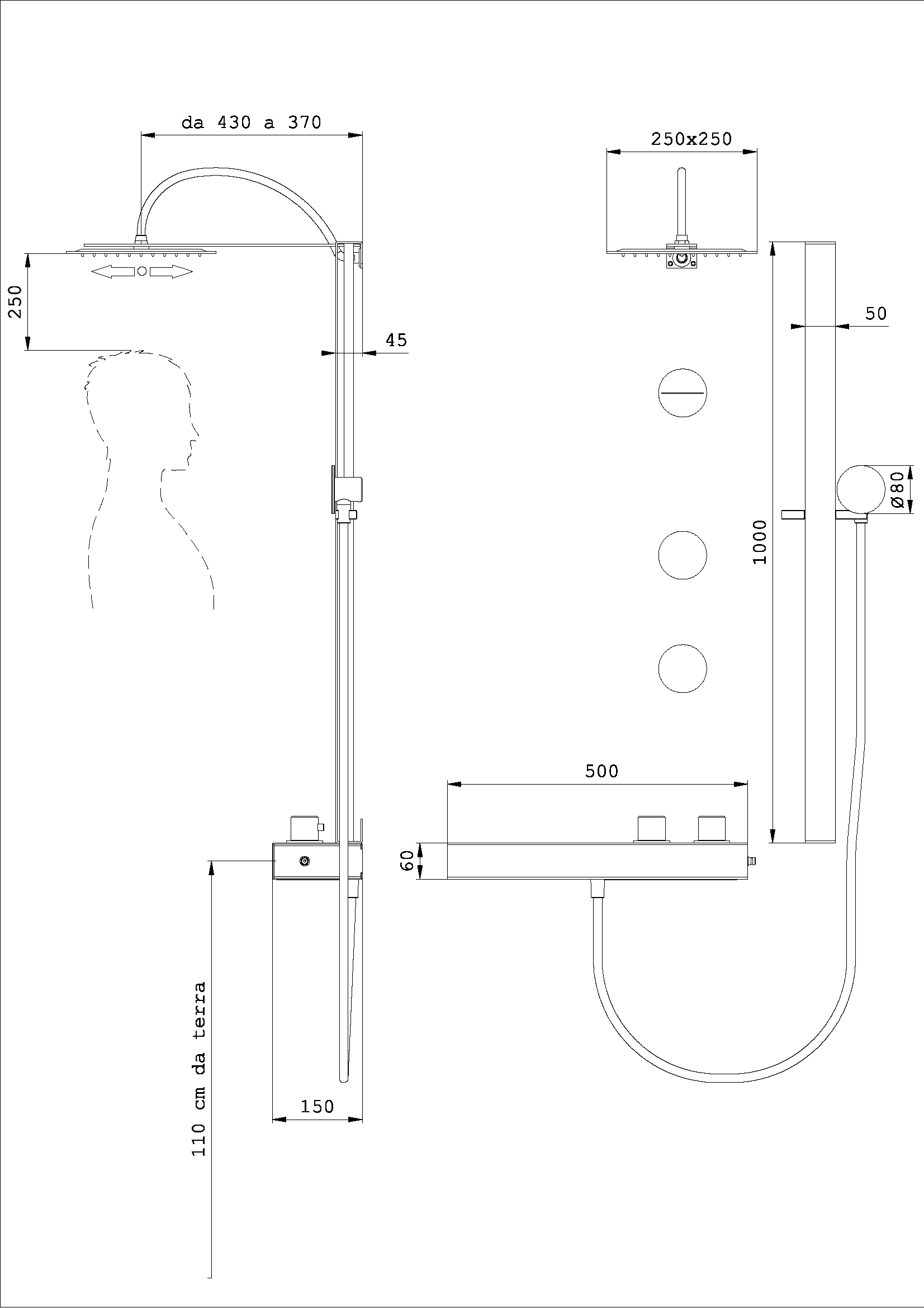 Saliscendi Alyssia + Kit Doccia Quadro Con Dorsali Base Bassa